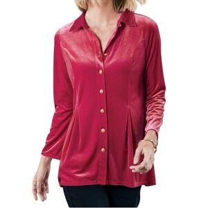 Soft Surroundings Red Velvet Gold Button Down Long Sleeve Top Holiday Christmas‎